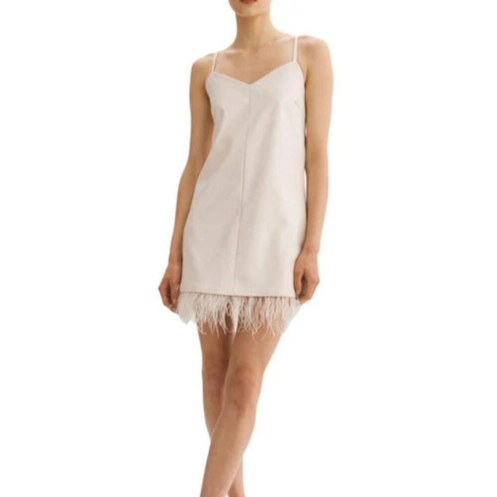 NWT LAMARQUE MOLLIE FAUX LEATHER FEATHER TRIM SLEEVELESS SLIP DRESS  - L